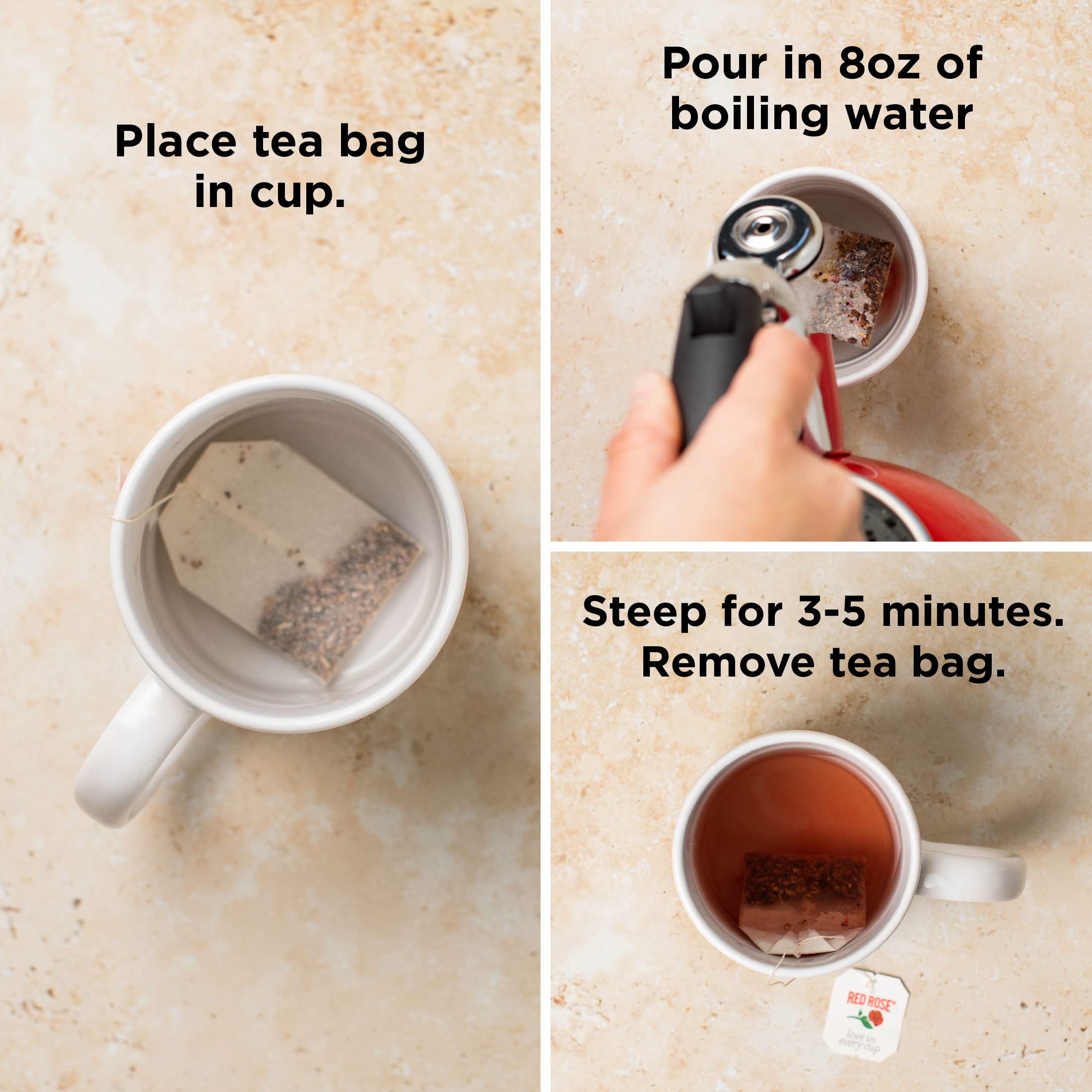 Red Rose open box with individually wrapped tea bags offering convenience