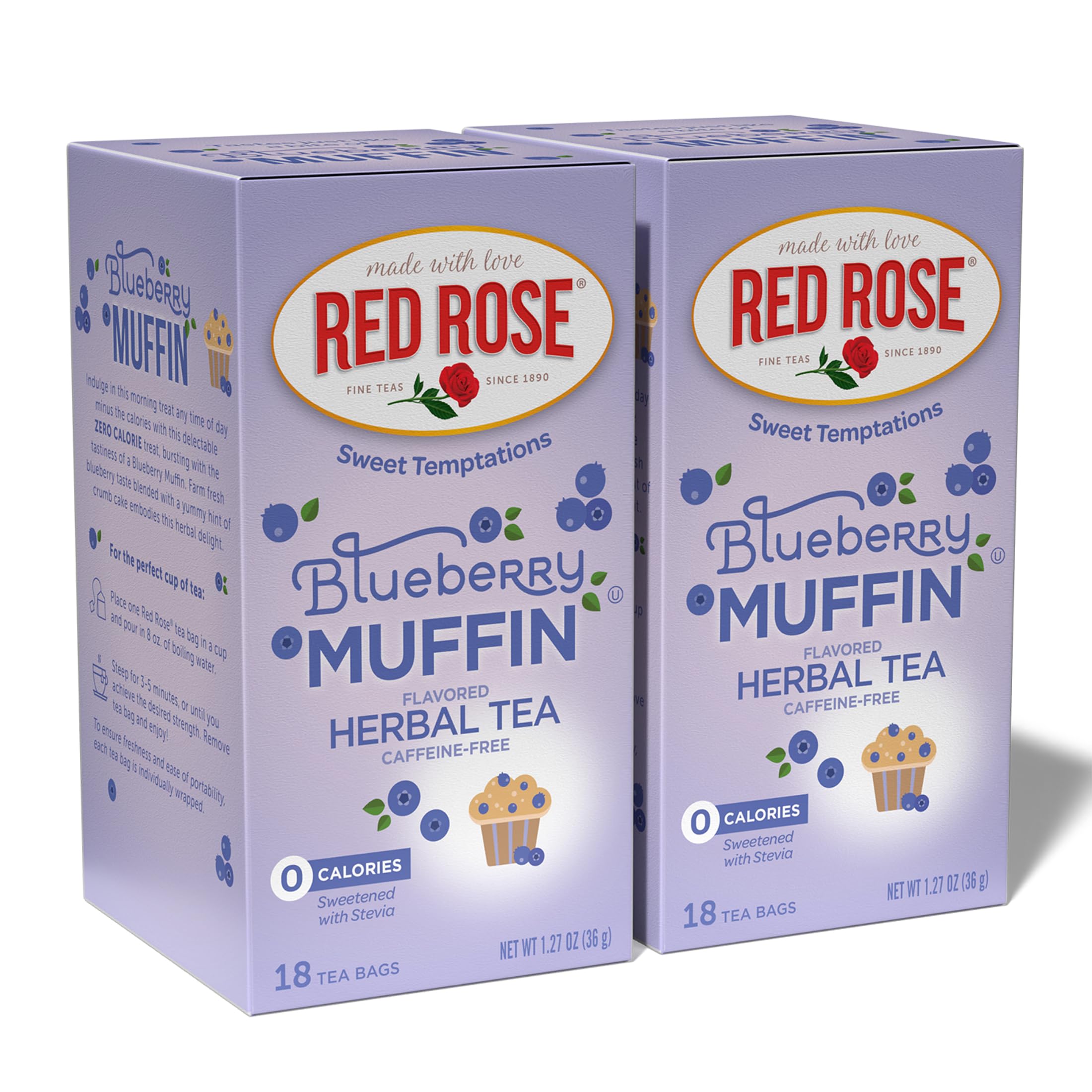 Red Rose front packaging showing two-box 36-bag value and blueberry muffin appeal