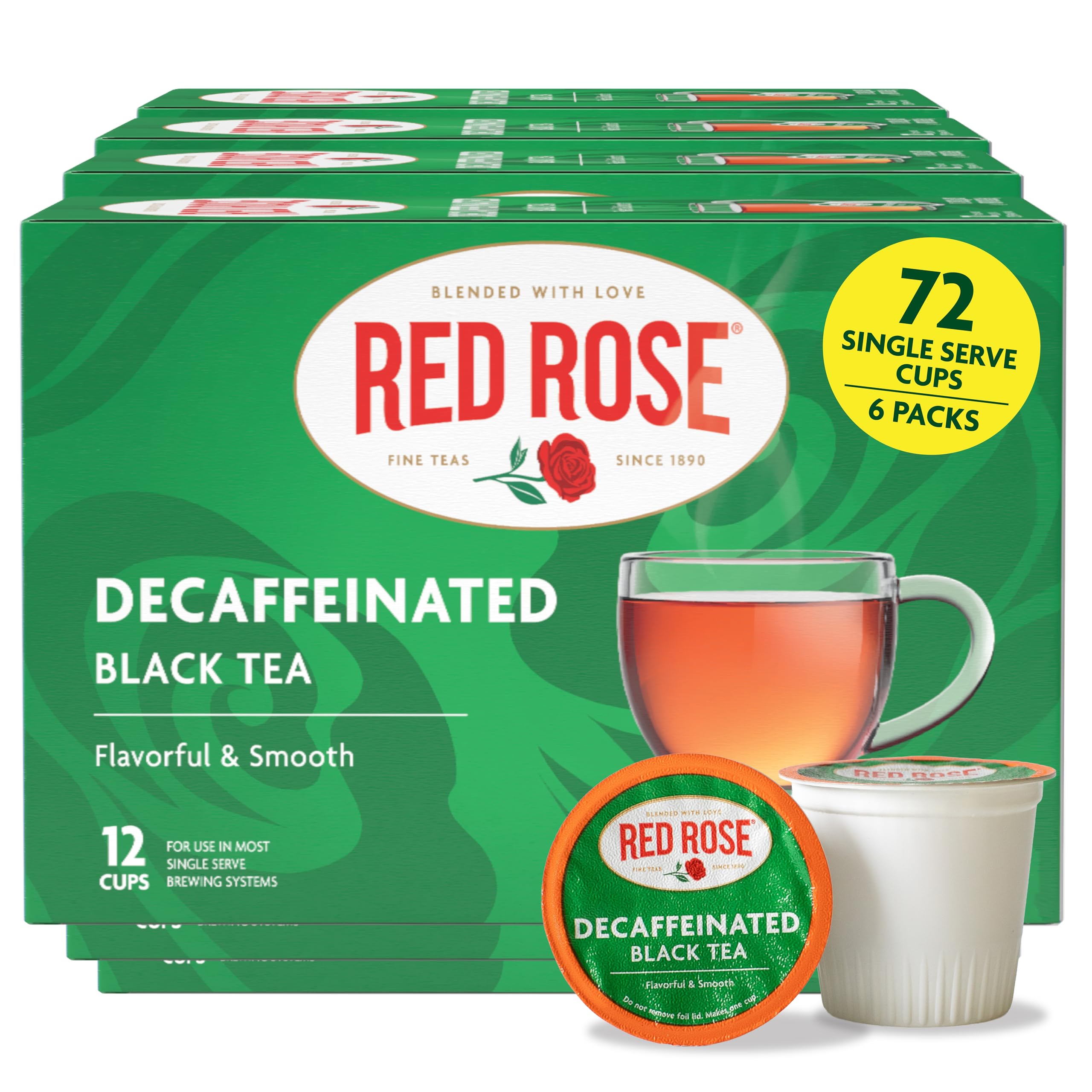 Red Rose front packaging showing brand and decaf black tea, convenient supply