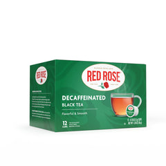 Red Rose box front showing brand and decaf label, delivers consistent flavor