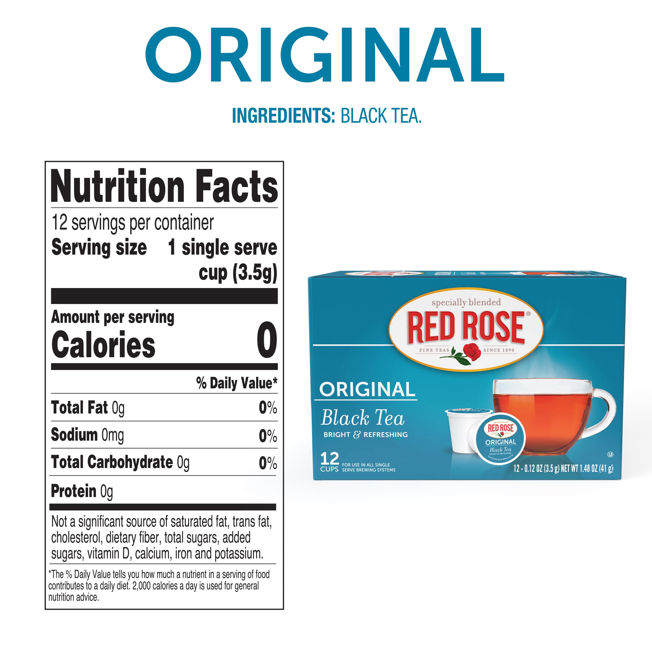 Red Rose K-Cups beside measuring cup to show 8 oz serving consistency