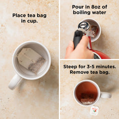 Red Rose tagged tea bag closeup demonstrating easy steeping and convenience