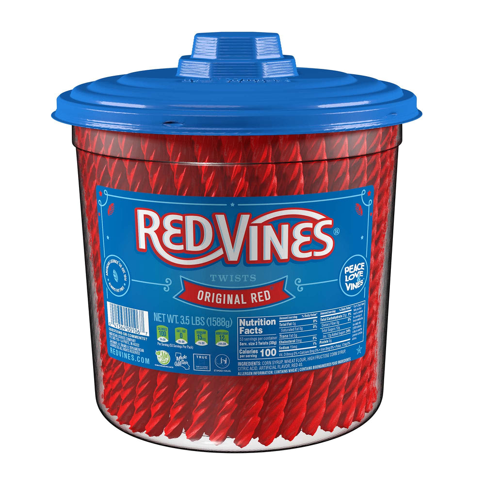 Red Vines open jar top view with twists visible for easy grab-and-share
