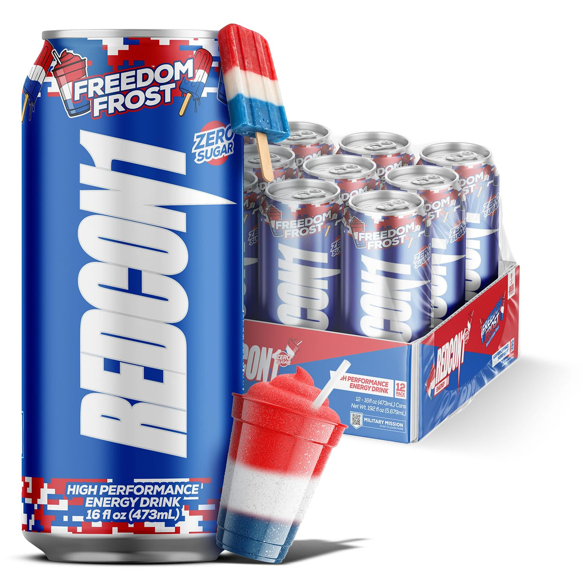 REDCON1 front can showing Freedom Frost flavor and clean label benefits