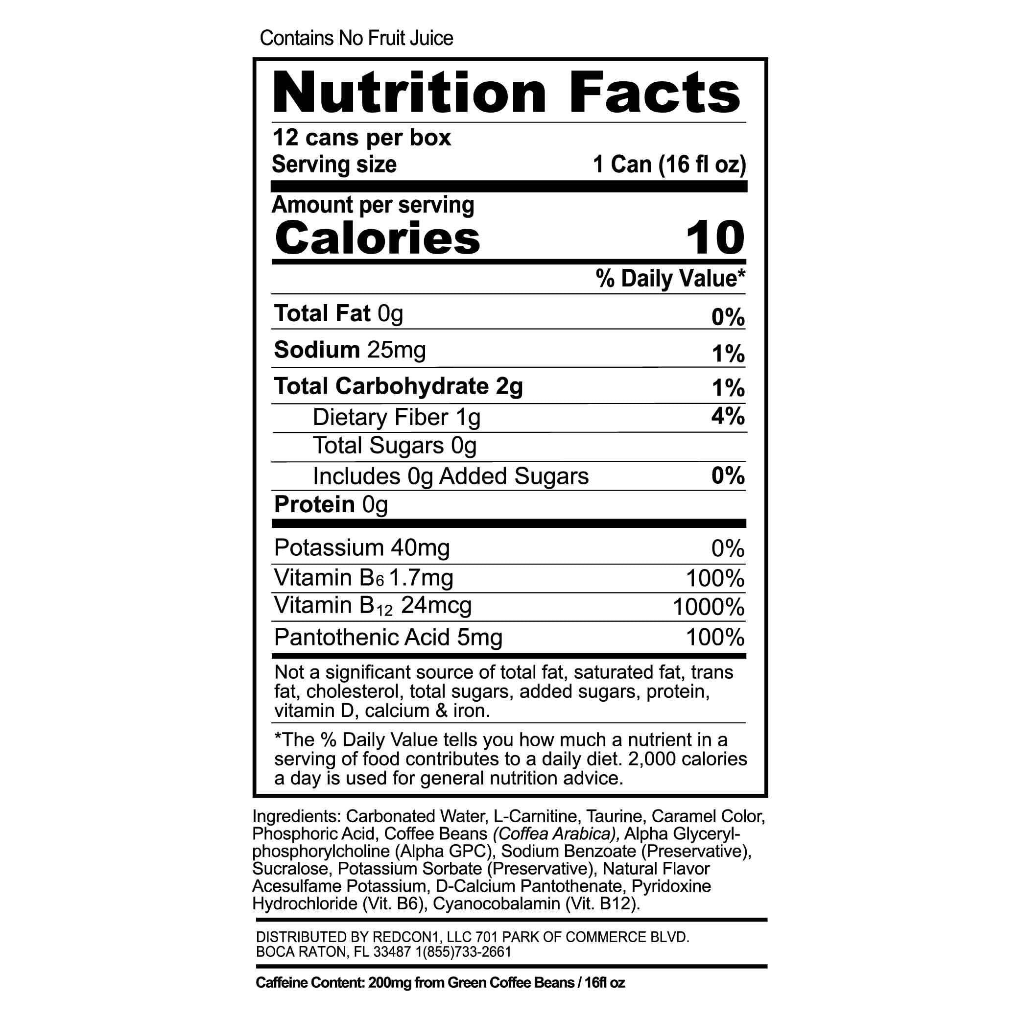 REDCON1 JOLT ingredient label highlighting 200mg caffeine and L‑carnitine