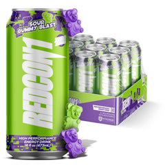 REDCON1 front can shot showing sour gummy blast flavor and zero sugar benefits