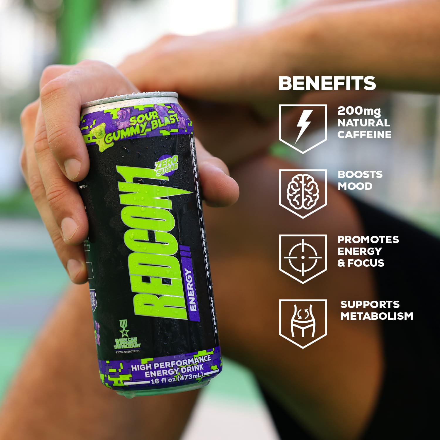 REDCON1 can on table next to workout gear suggesting pre-workout focus