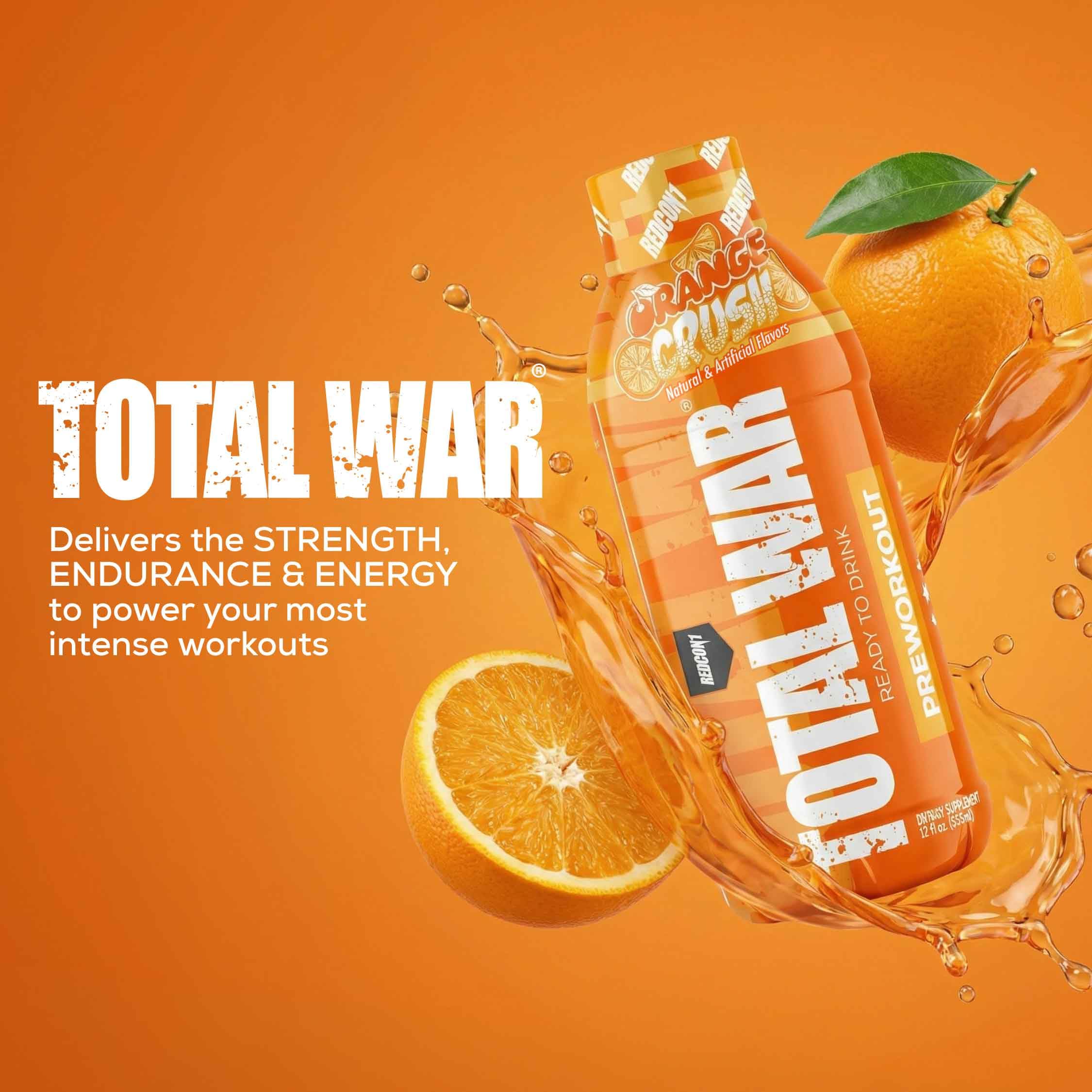 REDCON1 Total War can next to dumbbells indicating strength training boost