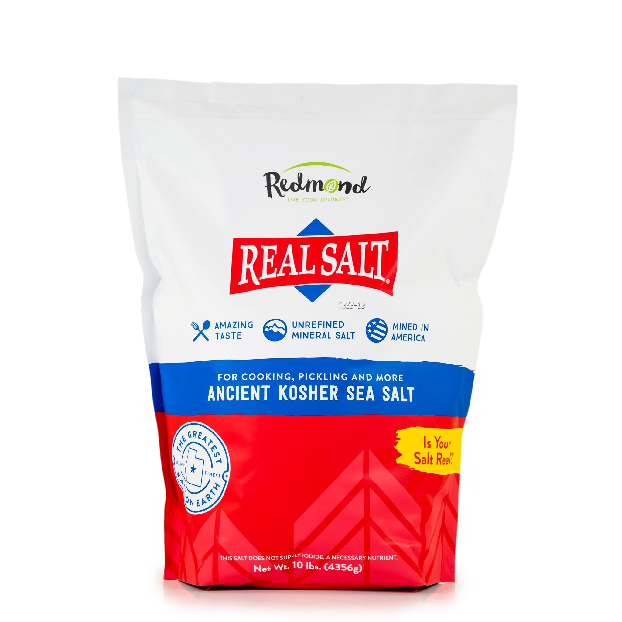 Redmond Real Salt front packaging showing 10 lb bag and brand