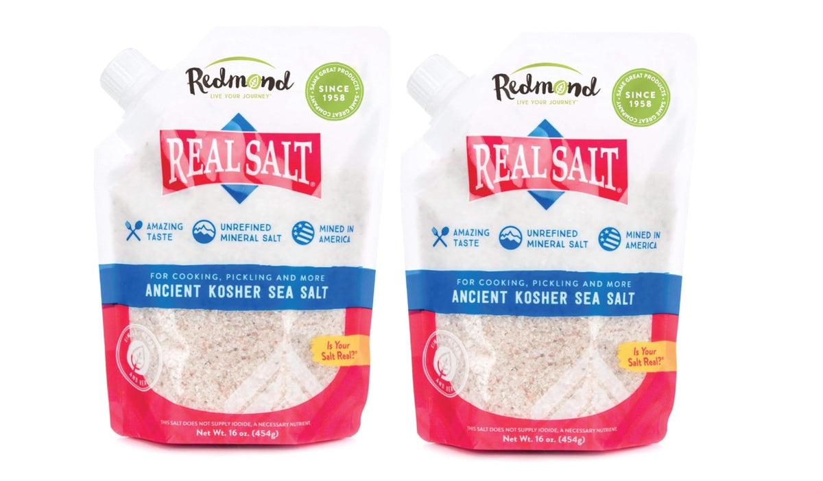 REDMOND front packaging showing two 16-ounce resealable pouches and branding benefit