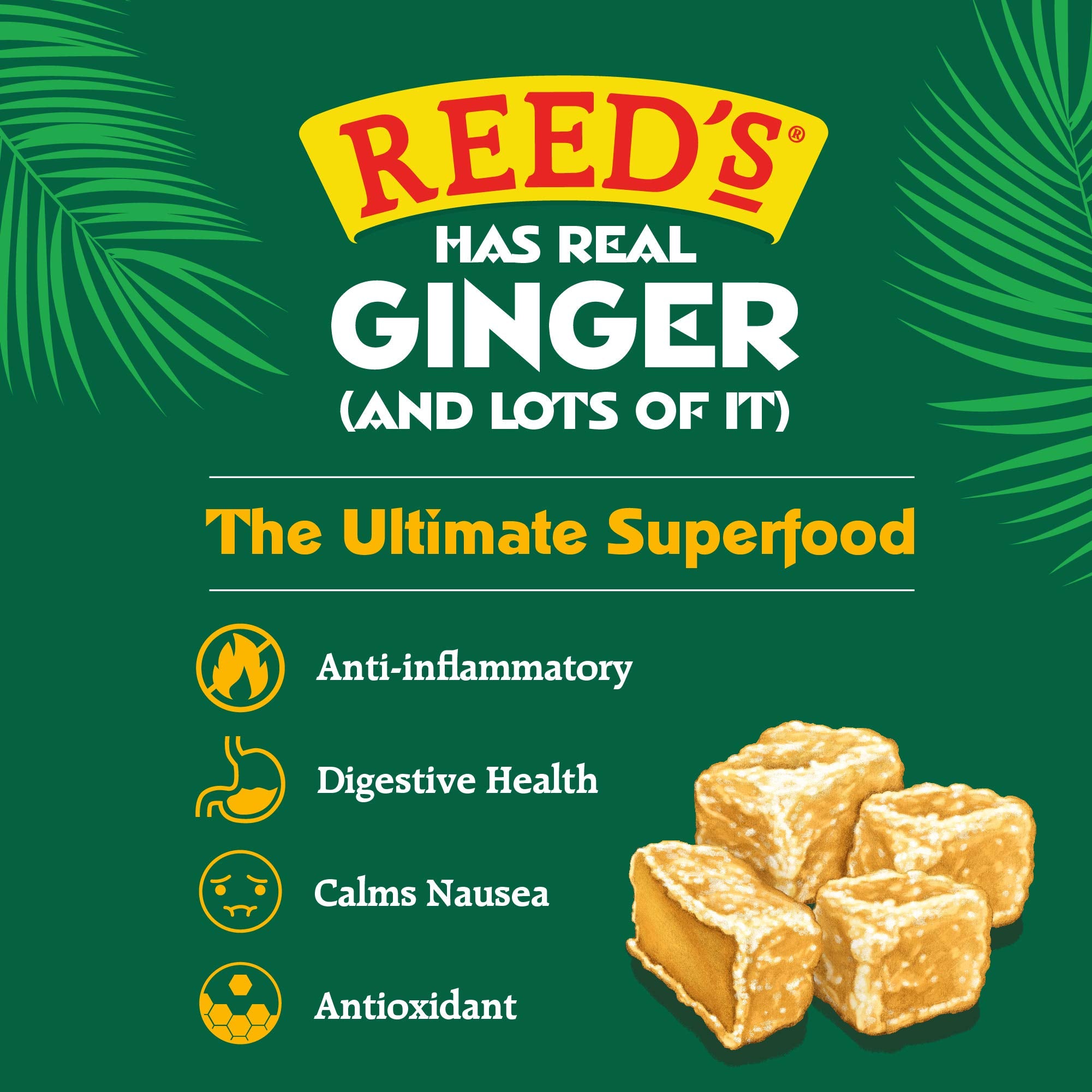 Close-up of Reed's printed label highlighting simple ingredients and purity