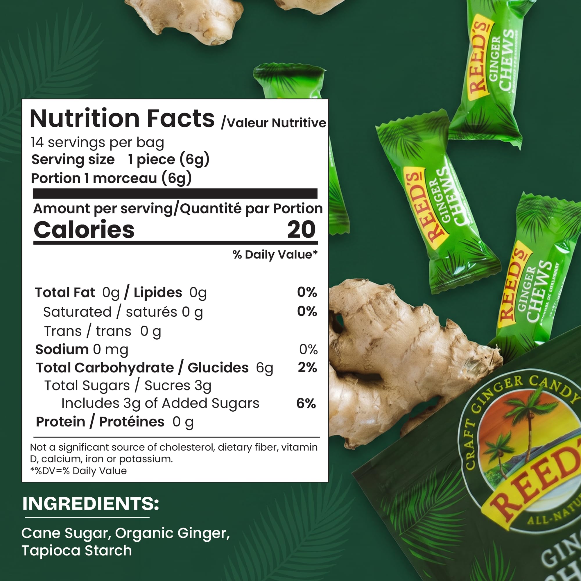 Reed's individually wrapped ginger chew highlighting freshness and easy sharing
