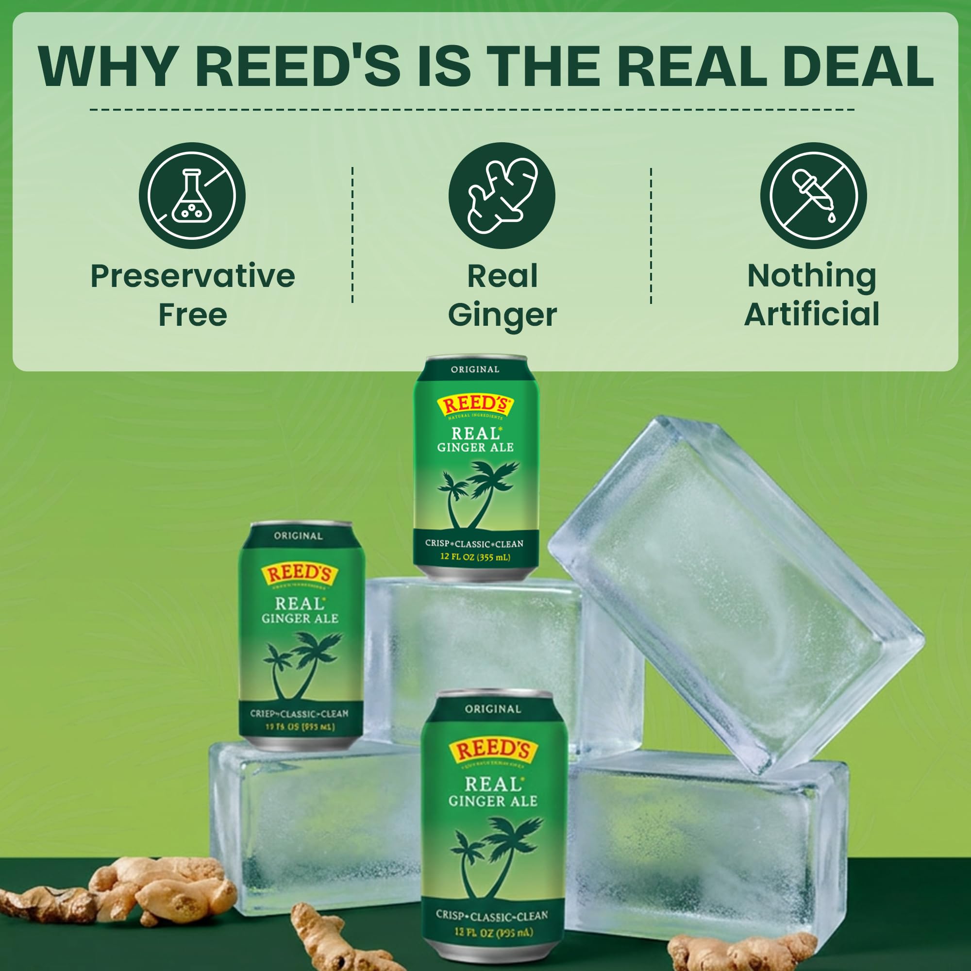 Close-up of a Reed's can label highlighting pressed organic ginger and natural ingredients benefit