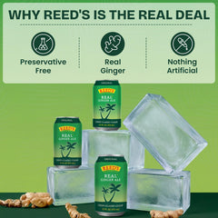 Close-up of a Reed's can label highlighting pressed organic ginger and natural ingredients benefit