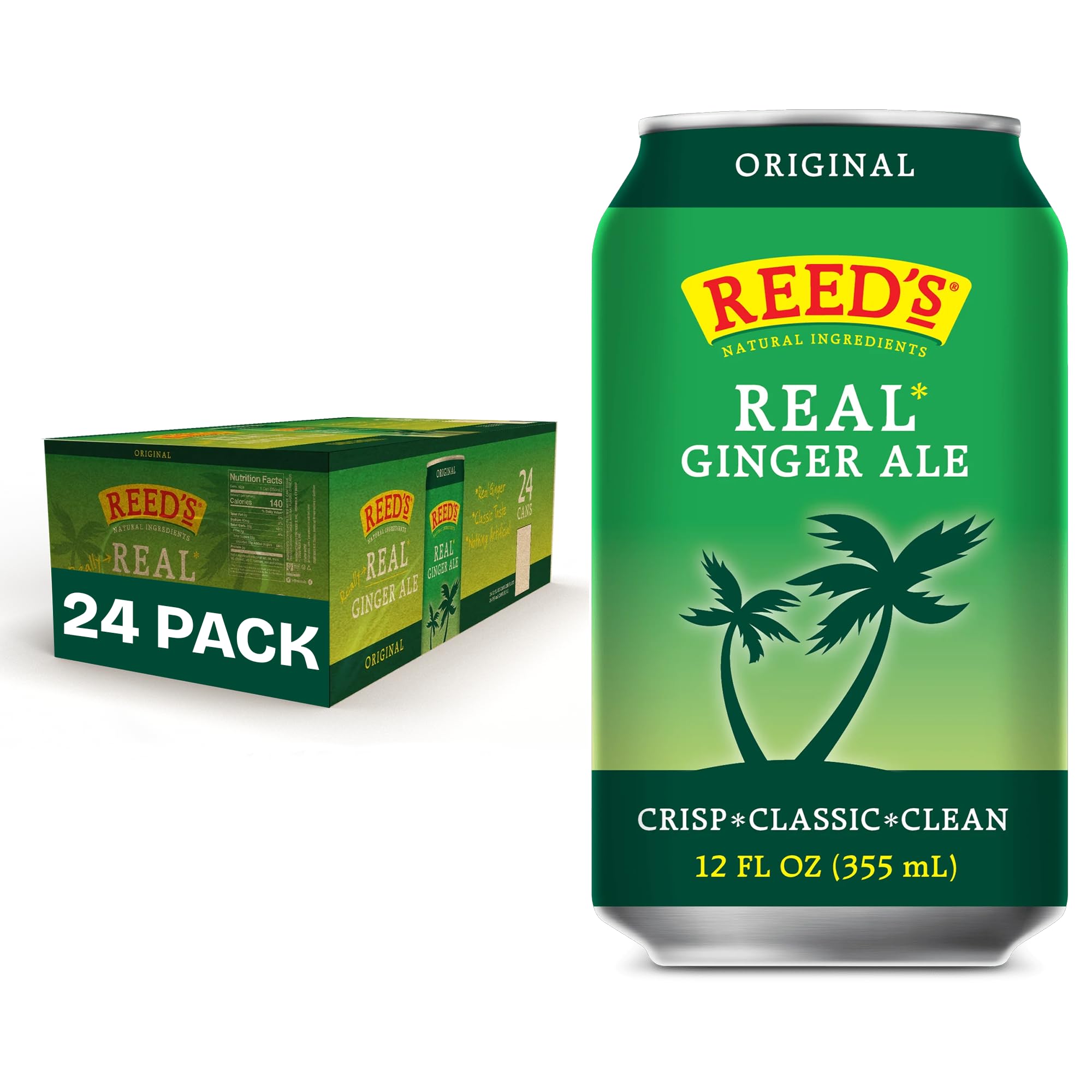 Reed's front packaging showing 24-pack cans with bold ginger branding for easy storage
