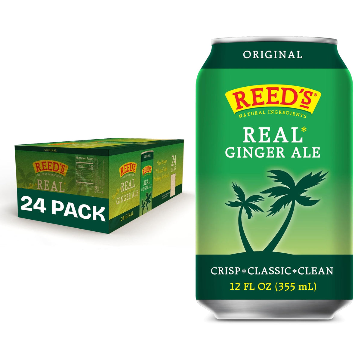 Reed's front packaging showing 24-pack cans with bold ginger branding for easy storage