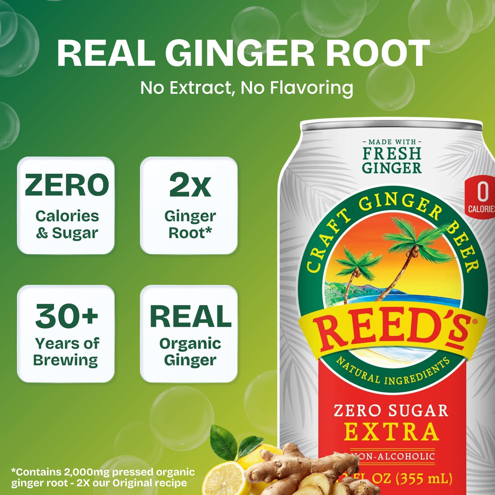 Close-up of Reed's can texture and label highlighting real ginger ingredients