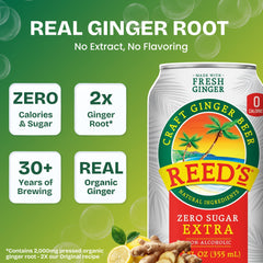 Close-up of Reed's can texture and label highlighting real ginger ingredients