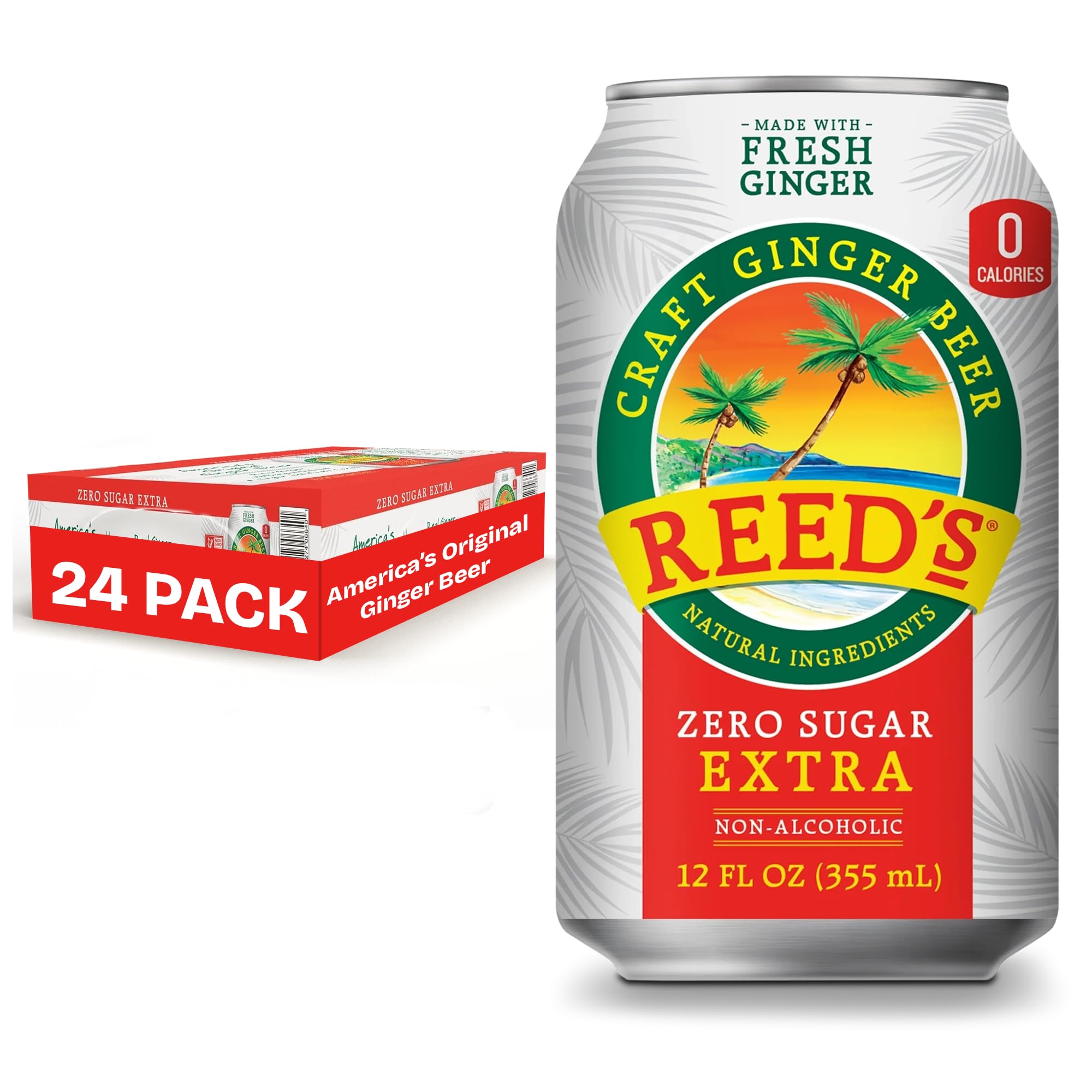 Reed's can front packaging showing bold ginger branding and zero sugar benefit