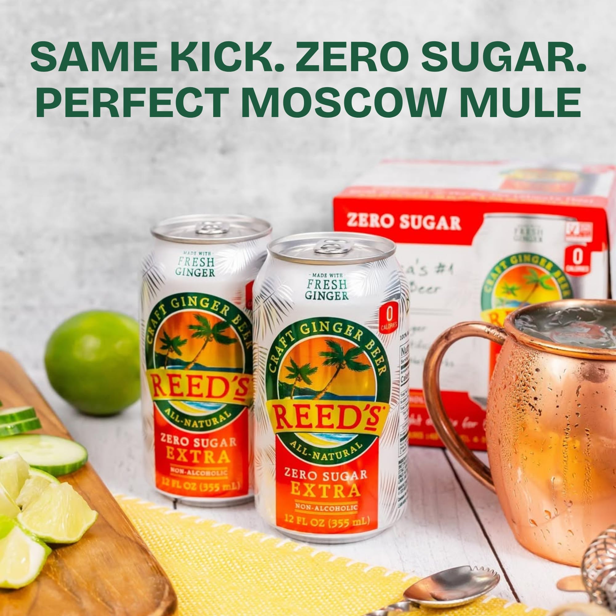 Pressed organic ginger root next to a can of Reed's emphasizing fresh ginger