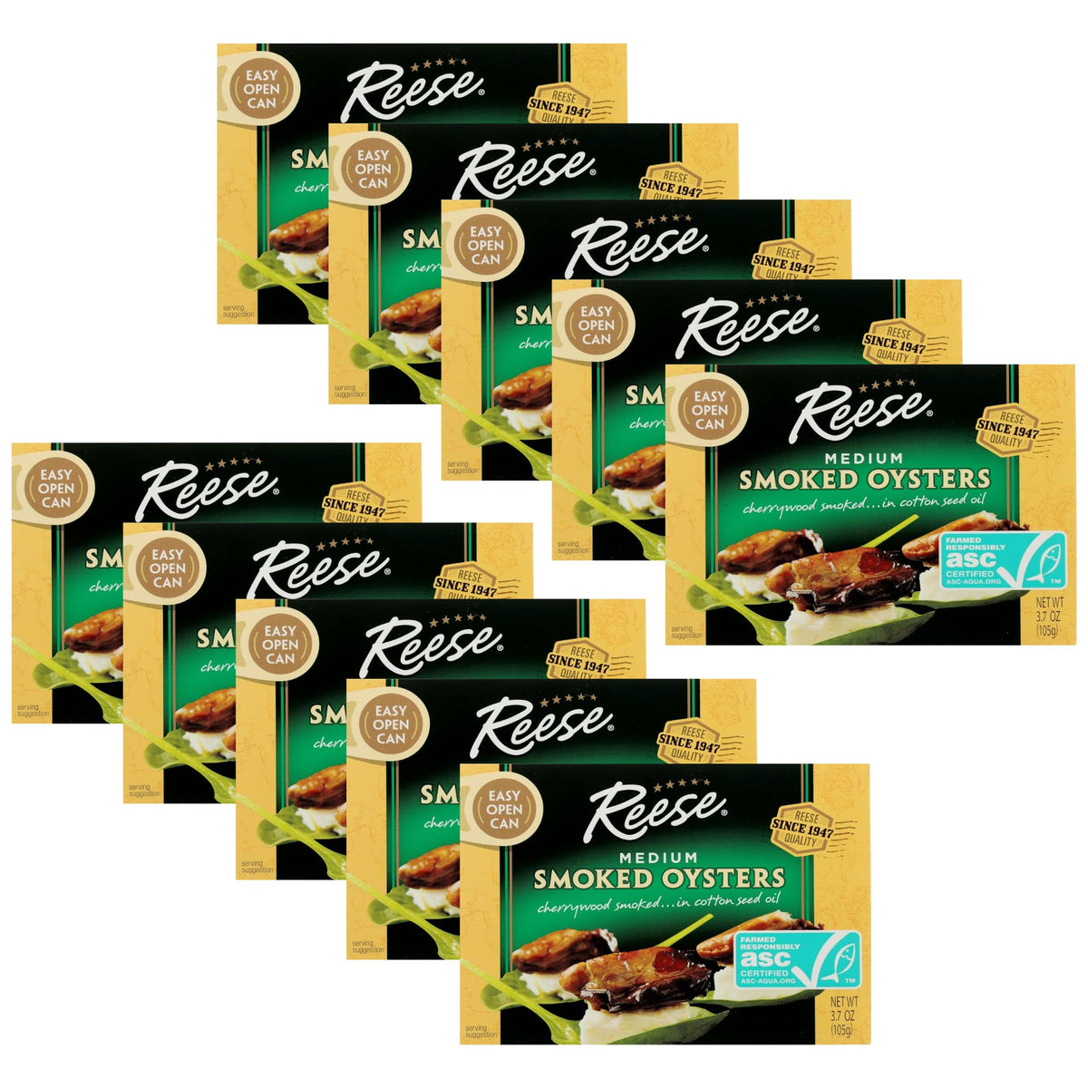 Reese front packaging of smoked oysters showing brand and can — convenient pantry staple