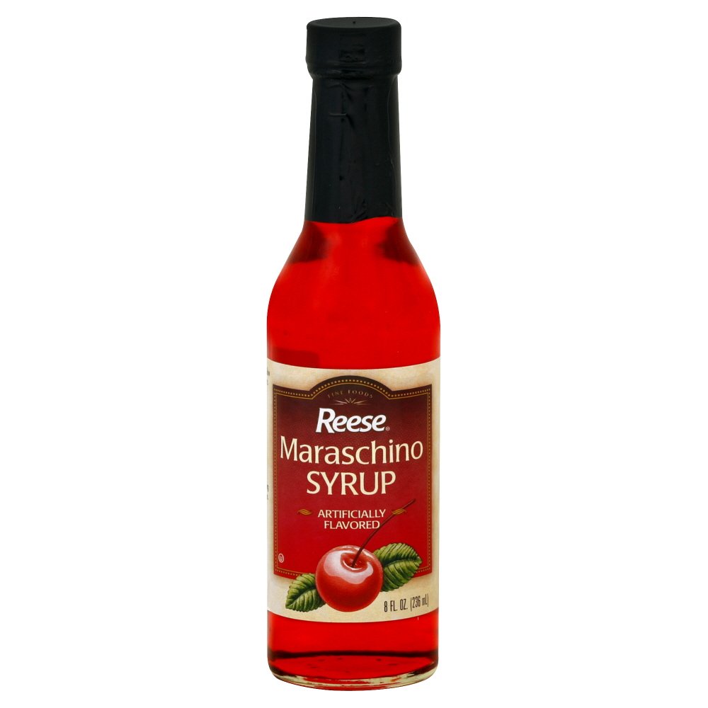 Reese bottle front view showing label and syrup, adds cherry flavor