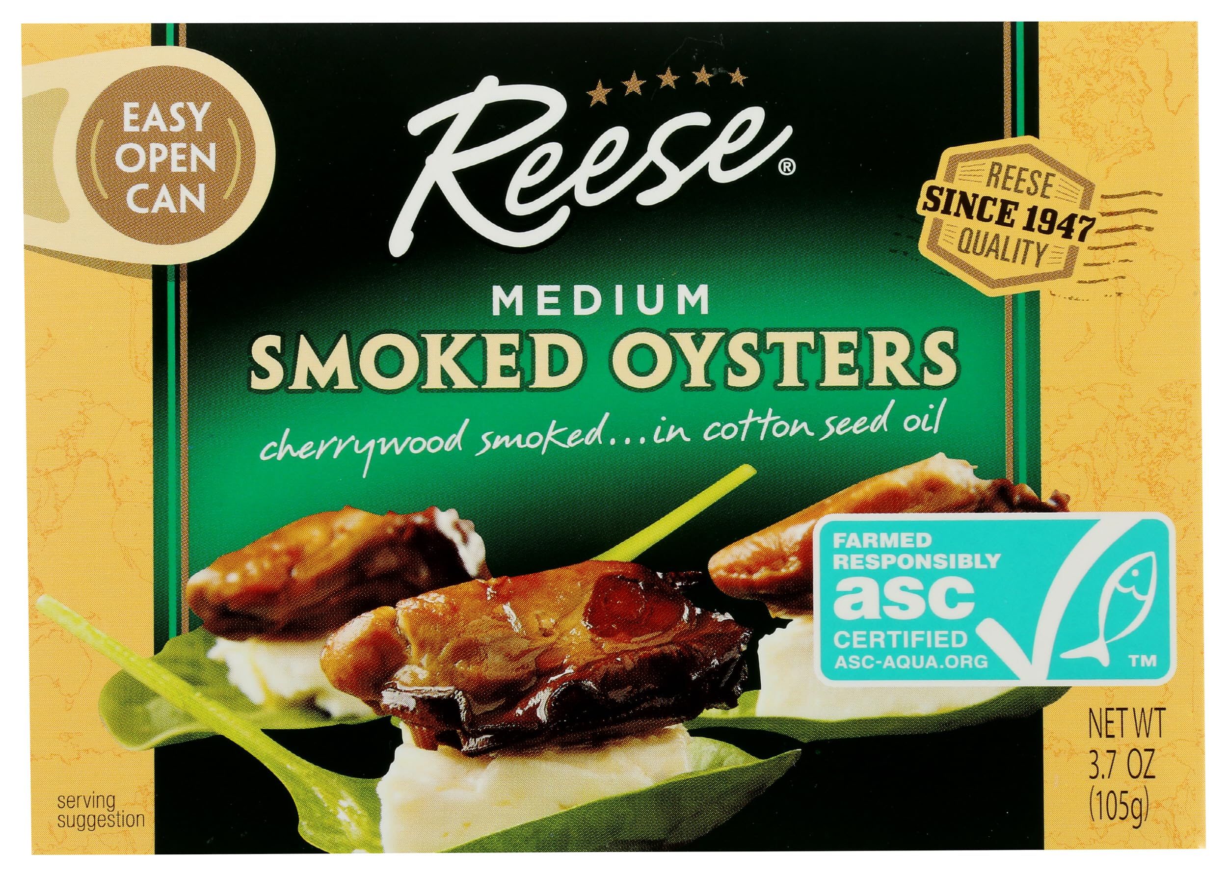 Reese open can top view with oysters in oil — ready-to-eat smoky seafood