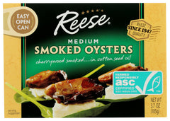 Reese open can top view with oysters in oil — ready-to-eat smoky seafood