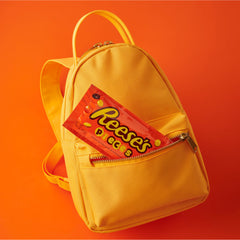 Reese's detailed view of candy shells and peanut butter center demonstrating crunchy texture