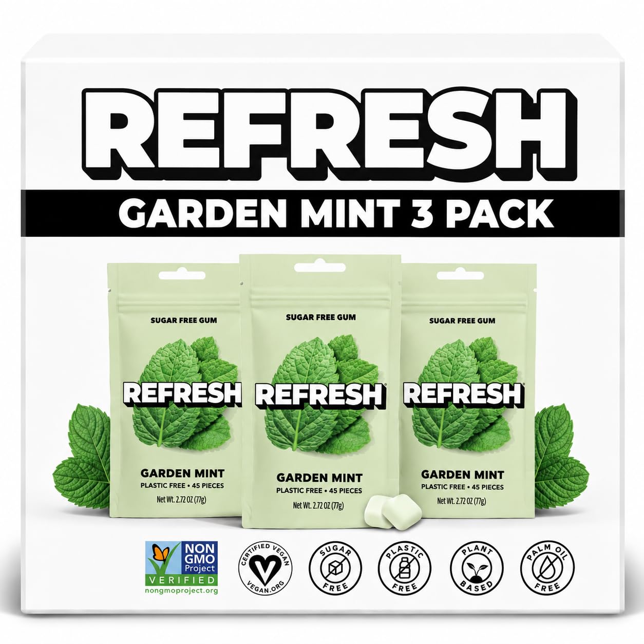 Refresh Gum front packaging showing Garden Mint pouch and brand for quick recognition