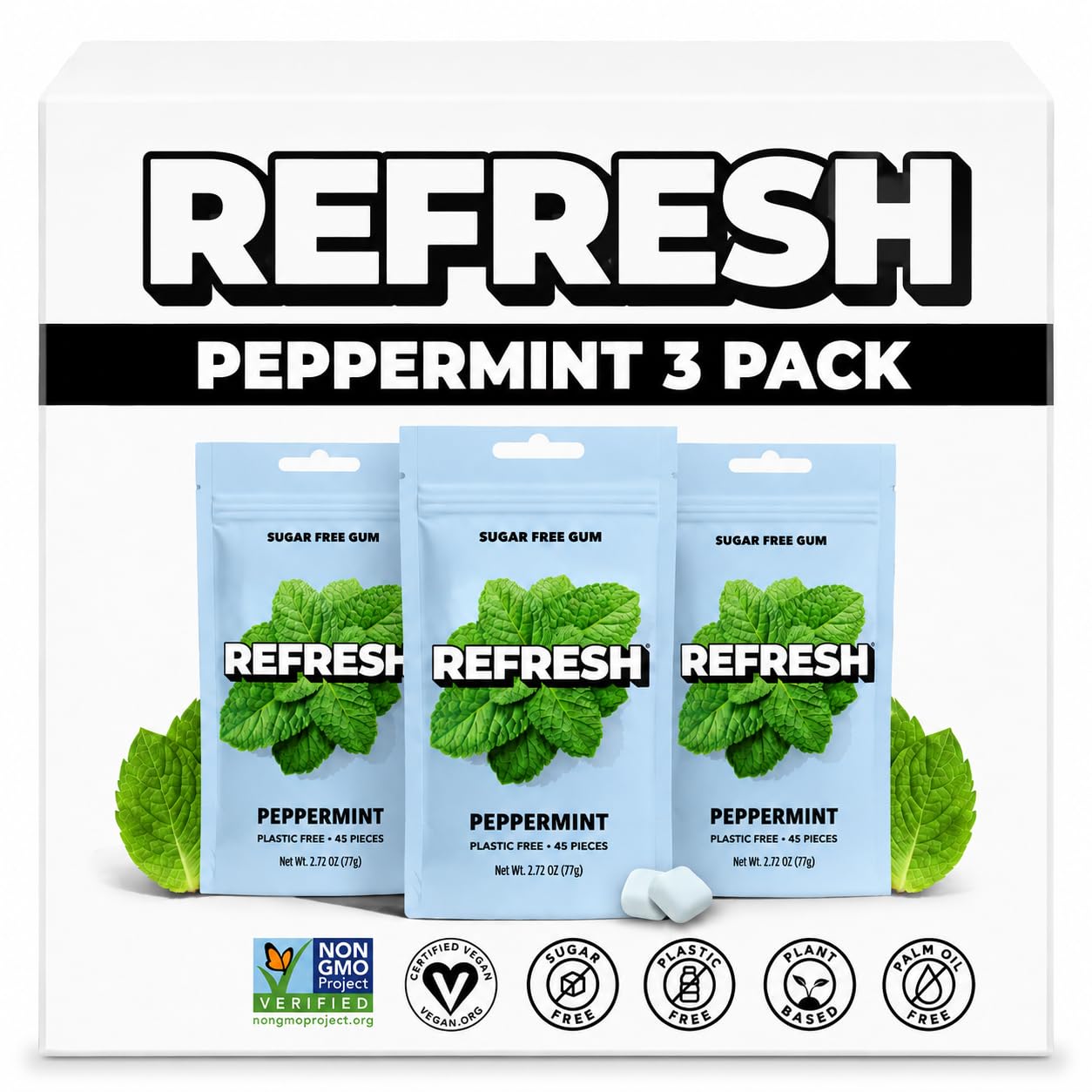 Refresh Gum front pouch showing peppermint branding and resealable feature for freshness