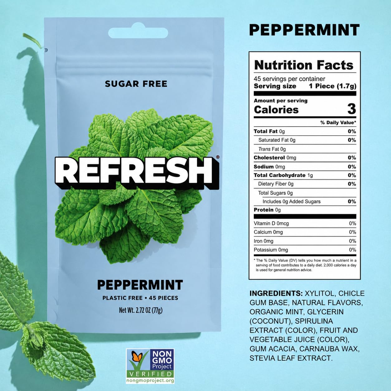 Hand holding a pouch of Refresh Gum to show size and portability benefits