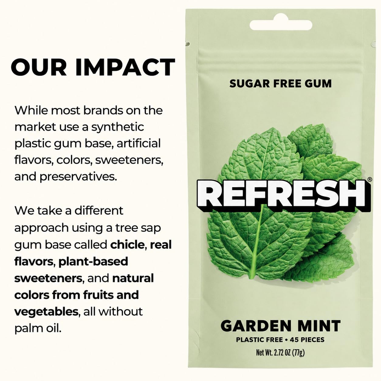 Nutrition label close-up on Refresh Gum pouch highlighting xylitol and sugar-free benefit
