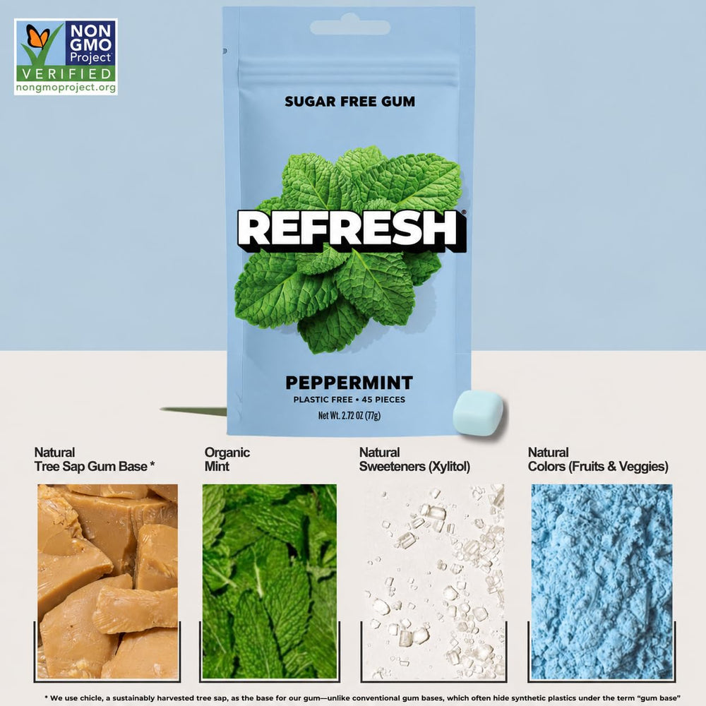 Refresh Gum open pouch with visible gum pieces demonstrating easy access and quantity