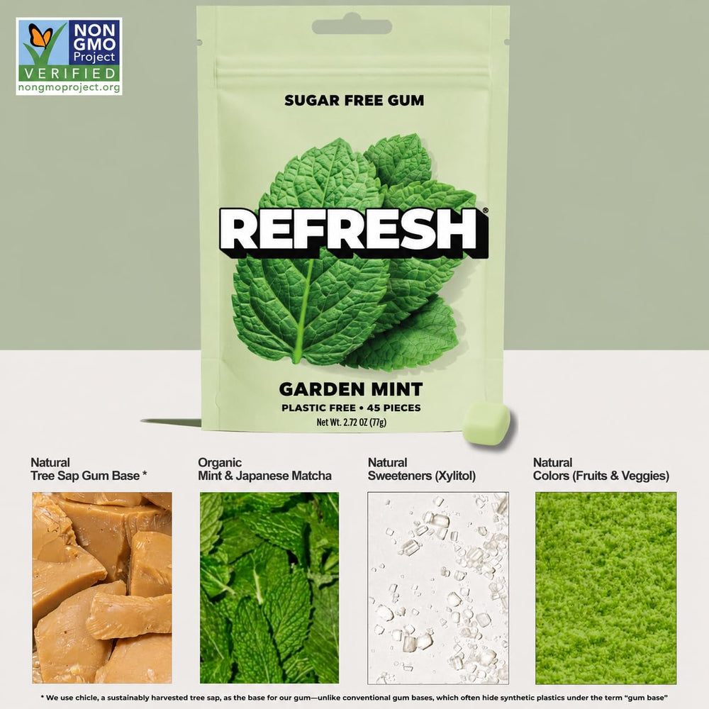 Refresh Gum open pouch with visible gum pieces demonstrating easy access and resealability