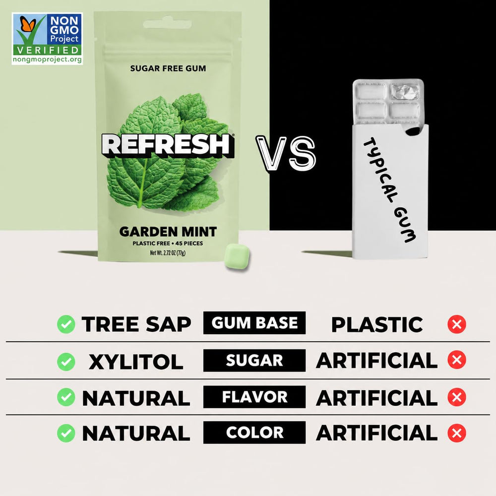 Close-up of a Refresh Gum piece showing smooth texture and consistent mint coating