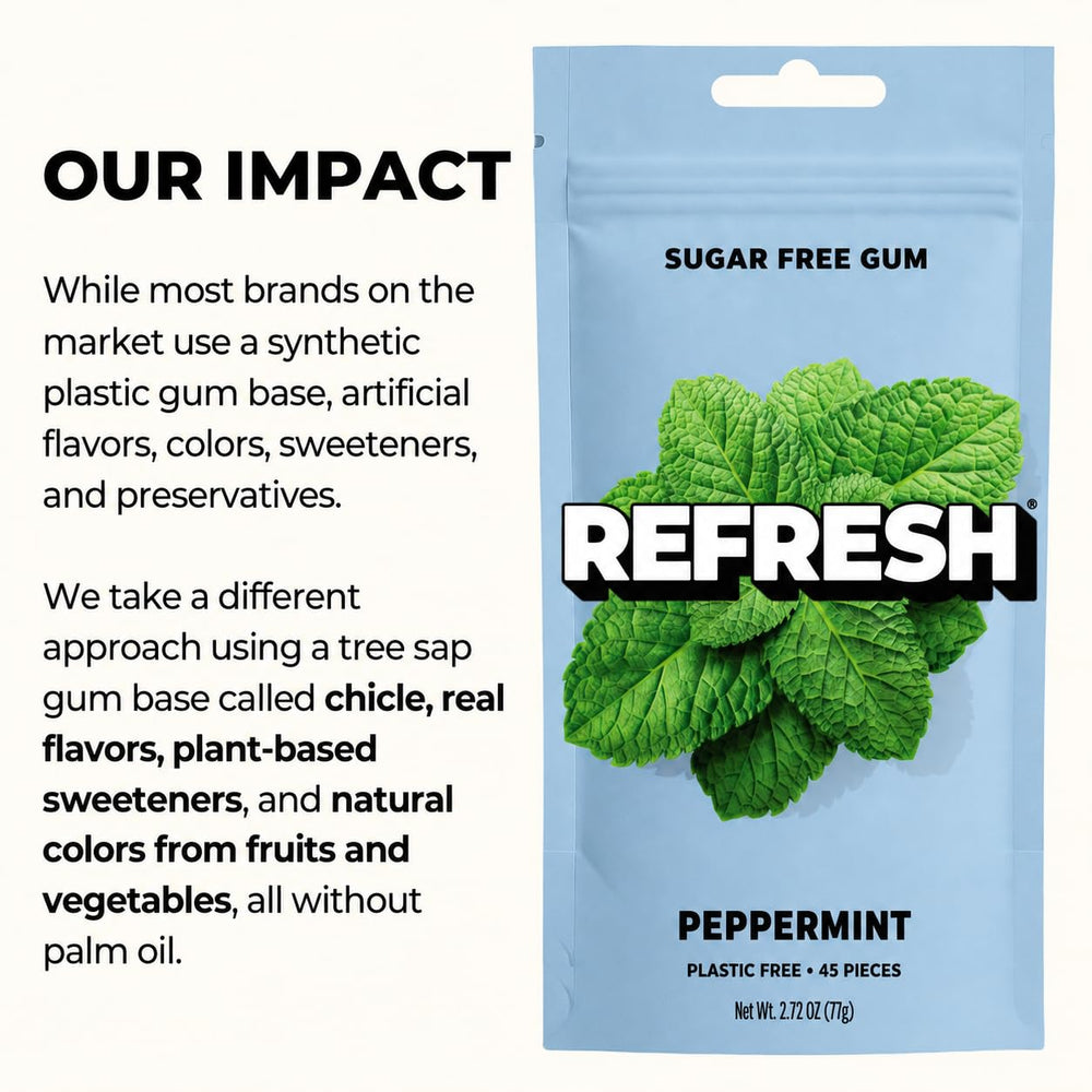 Several Refresh Gum pieces laid out showing shape and chew-ready convenience