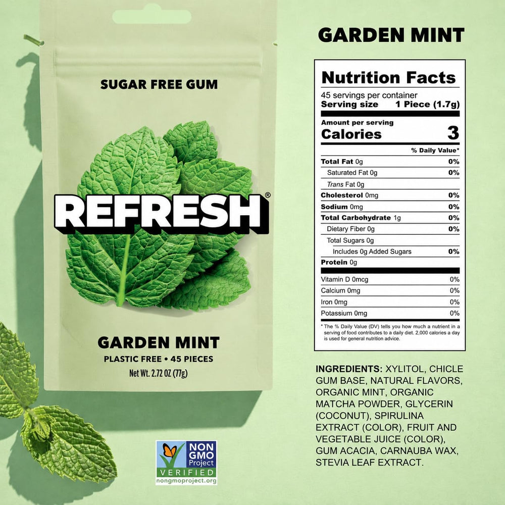 Hand holding a Refresh Gum pouch to show scale and pocket-friendly convenience
