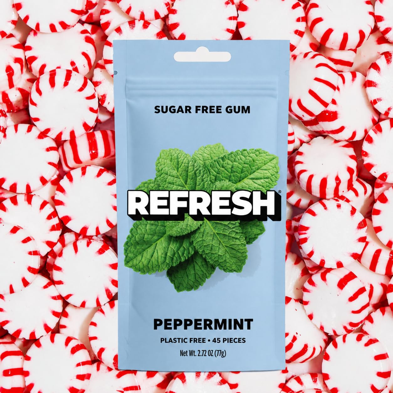 Label detail on Refresh Gum pouch highlighting xylitol sweetener and sugar-free benefit