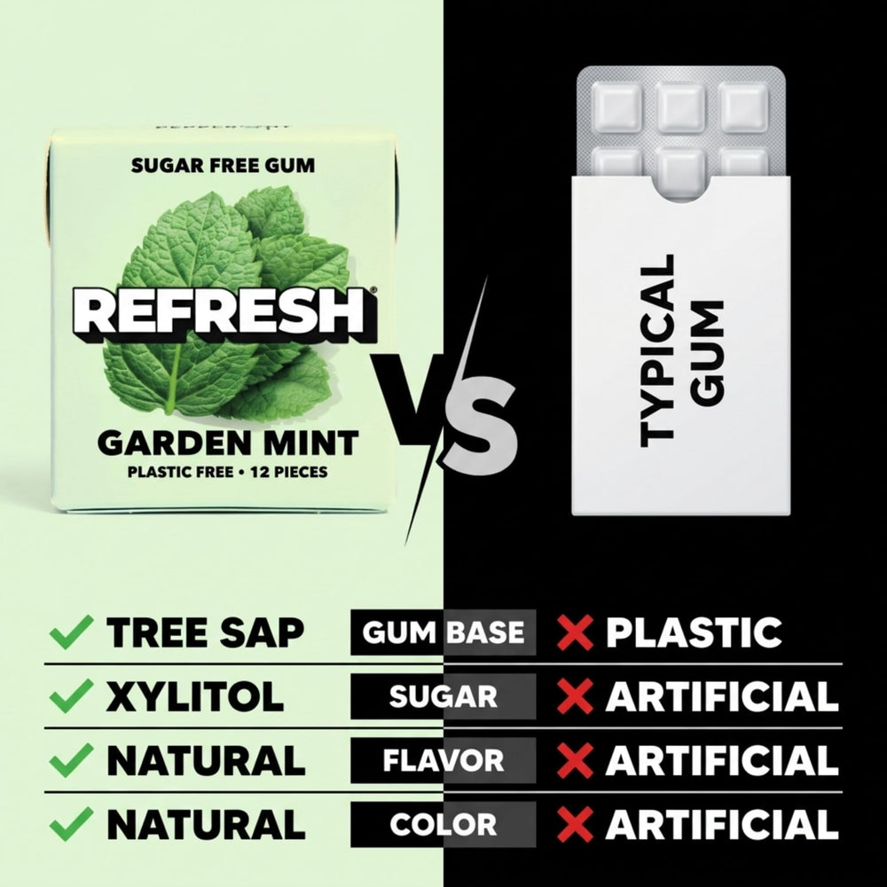 Refresh Gum variety layout flatlay with different flavor packs for easy selection benefit