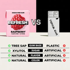 Twelve Refresh raspberry packs arranged to show quantity and portability