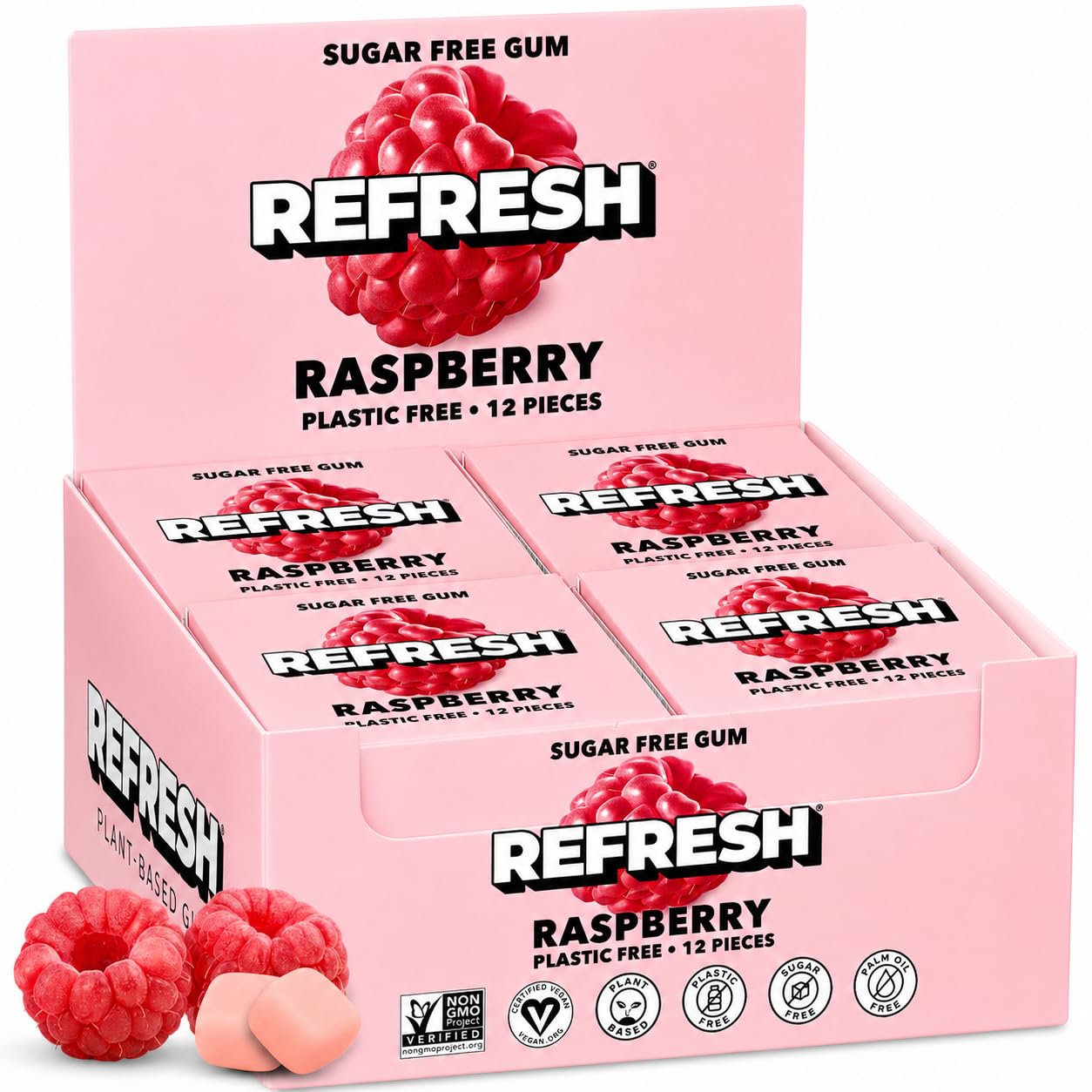 Refresh raspberry front packaging showing 12-pack and plant benefits