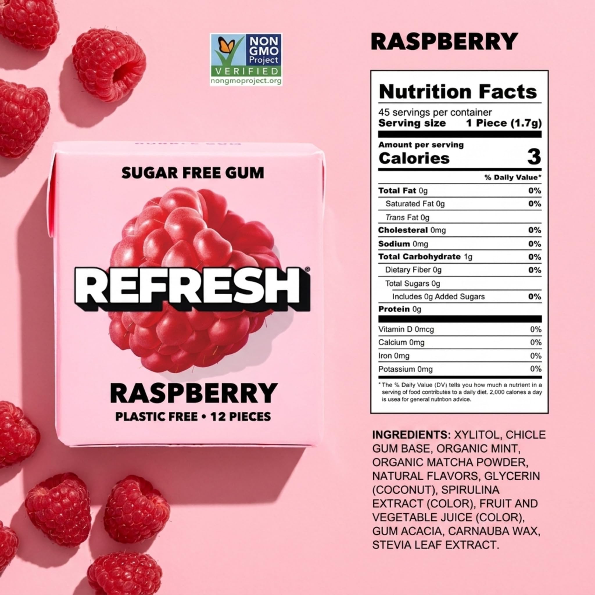 Refresh ingredient label listing xylitol, stevia, and chicle details