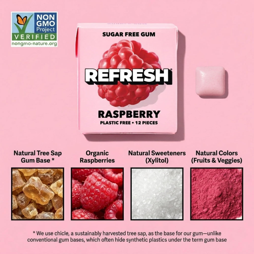 Close-up of Refresh raspberry gum texture highlighting plant-based base