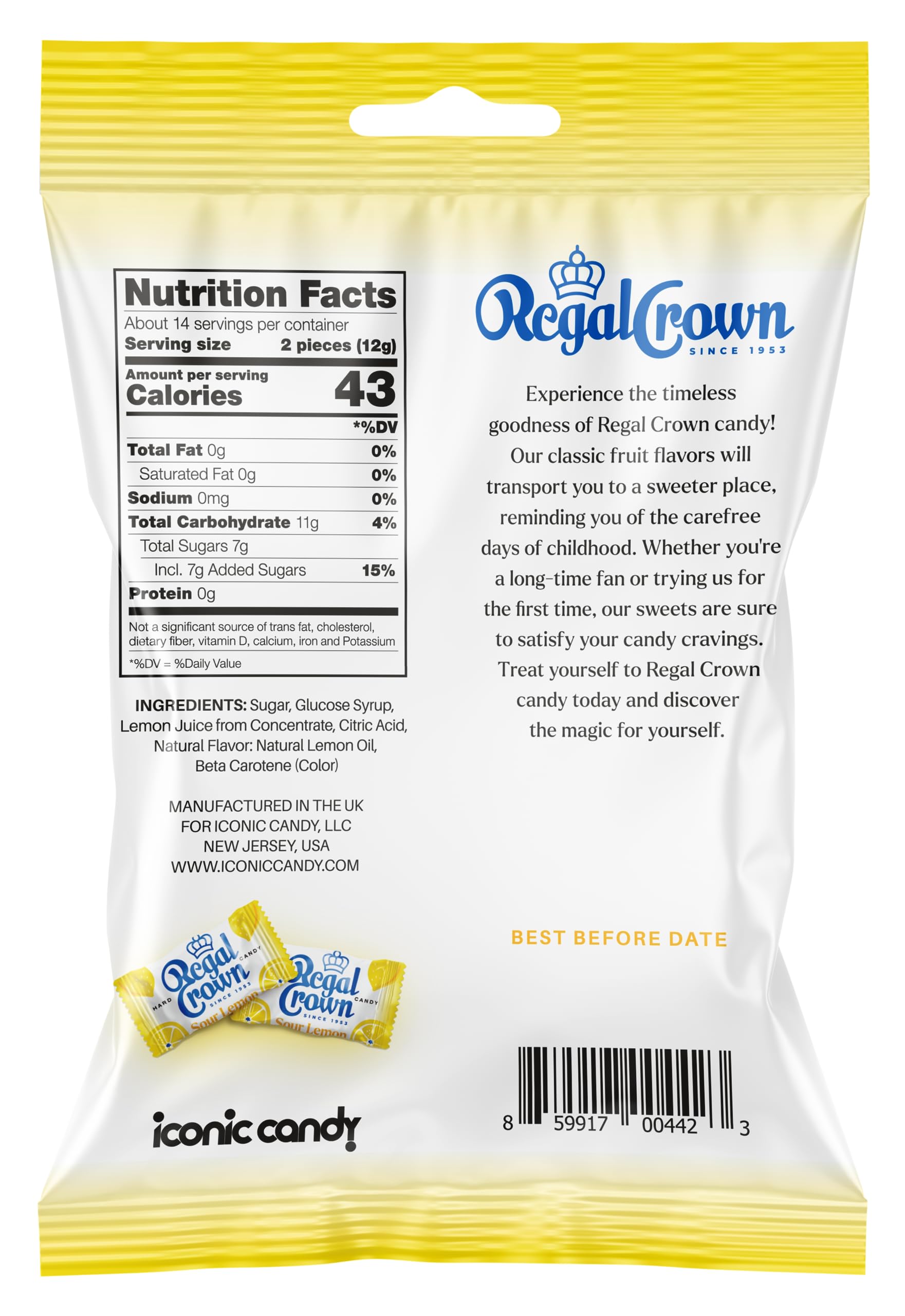 Regal Crown close-up of individually wrapped lemon candy with logo, keeps pieces fresh