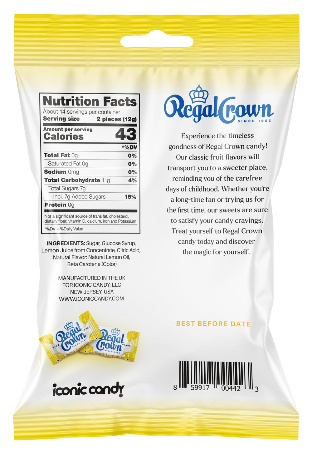 Regal Crown close-up of individually wrapped lemon candy with logo, keeps pieces fresh