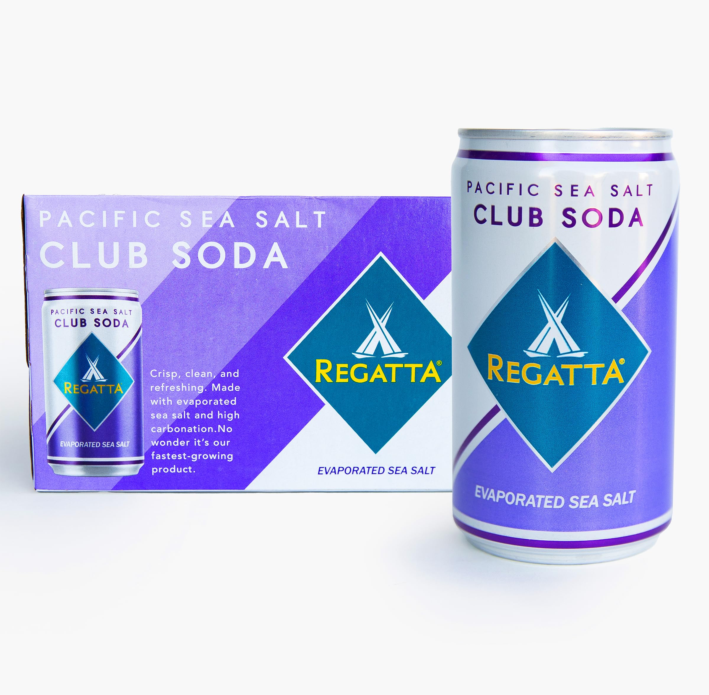 Regatta Pacific Sea Salt Club Soda front packaging showing sleek mini can and label benefit
