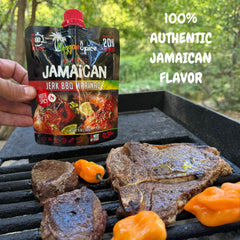 Reggae Spice brushed on chicken on grill delivering smoky charred benefit