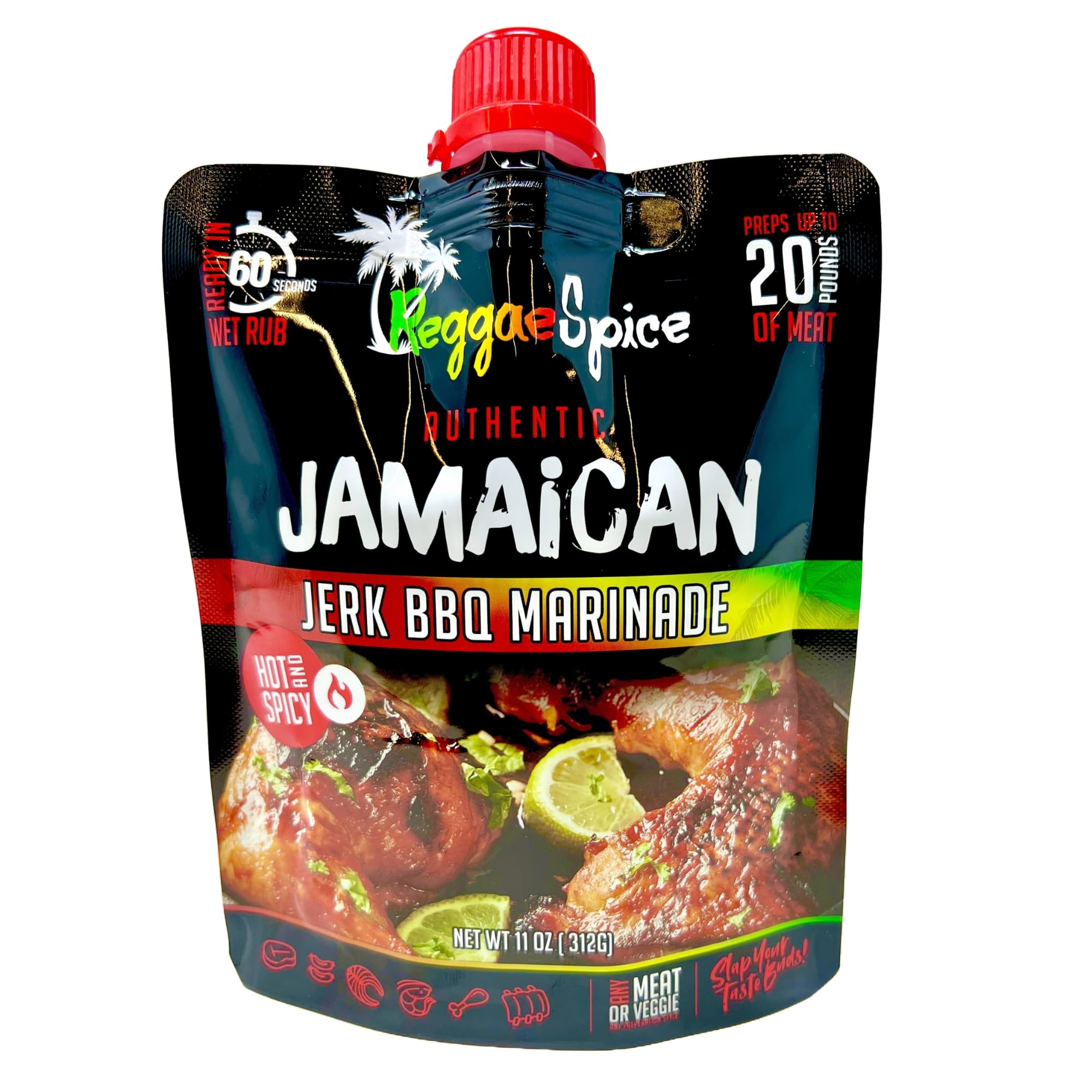 Reggae Spice front pouch showing product and hot spicy branding for bold flavor