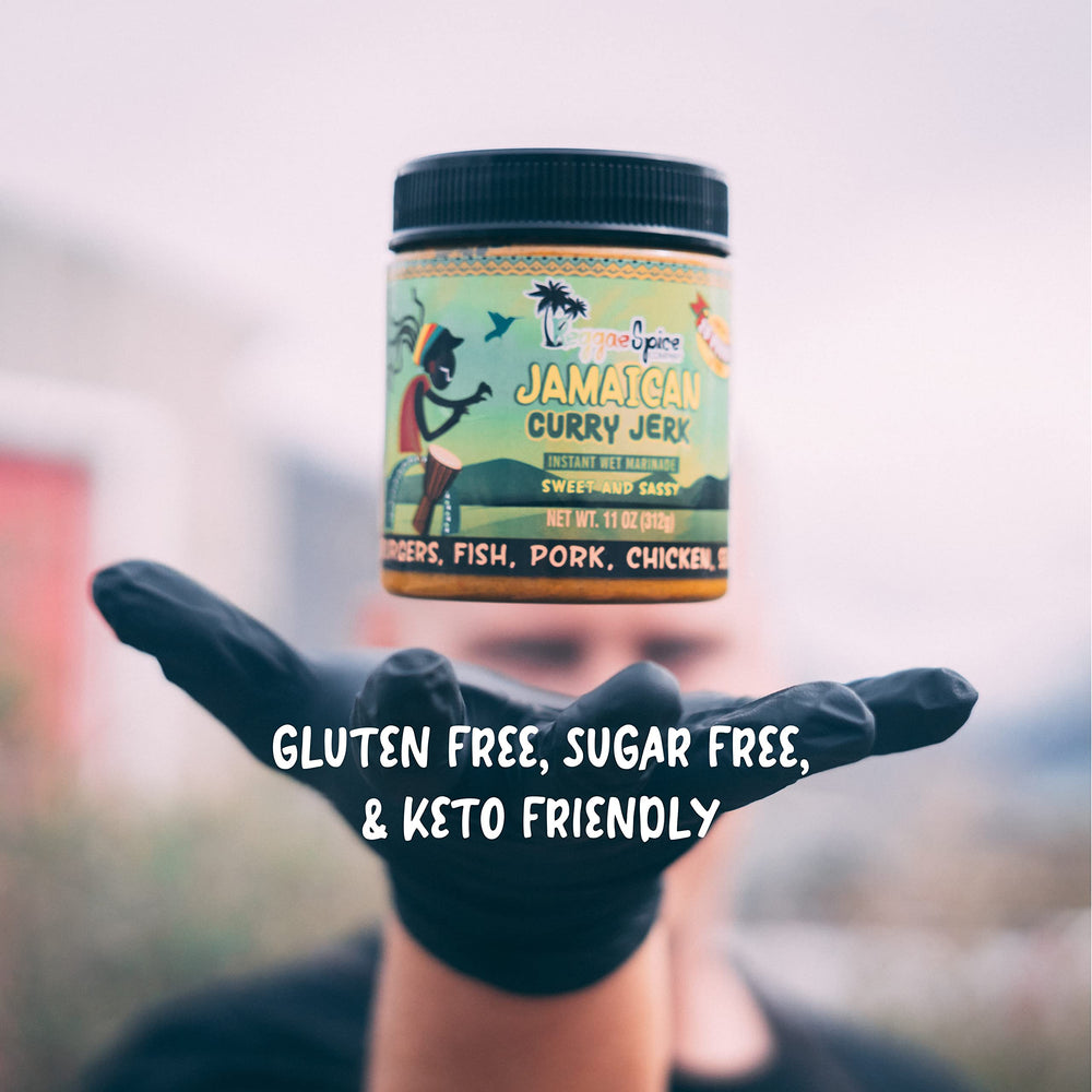 Reggae Spice sauce in jar on spoon highlighting consistency and ready-to-use convenience